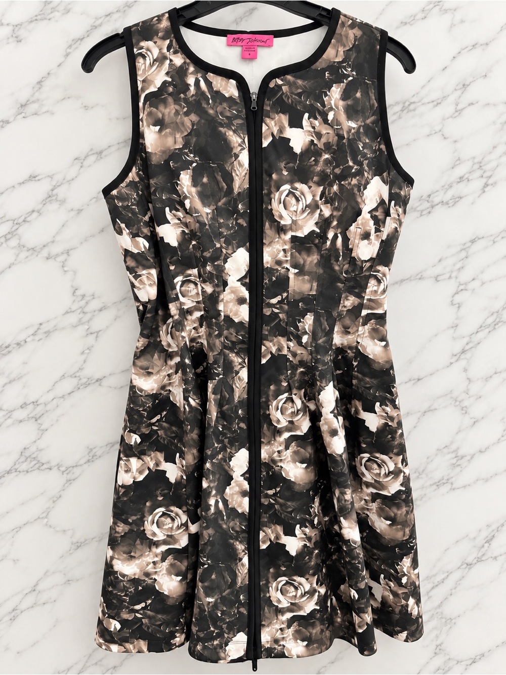 Betsey Johnson Black & Cream Floral Zip-Front Fit-and-Flare Dress